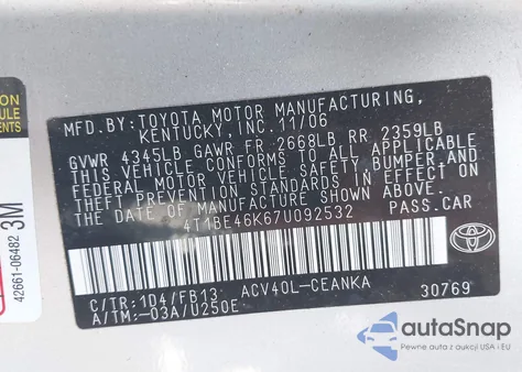 2007 Toyota Camry Le из США, поврежденный, VIN 4T1BE46K67U092532